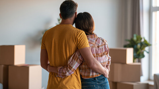 A couple embraces while standing in a room surrounded by moving boxes, suggesting they are relocating or settling into a new home.