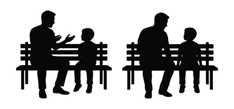 Black silhouette of a man and a boy sitting on a bench