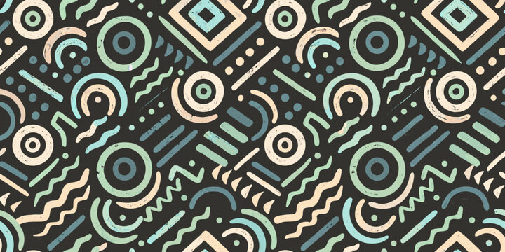 Geometric Memphis Pattern With Circles Waves And Lines Dark Background