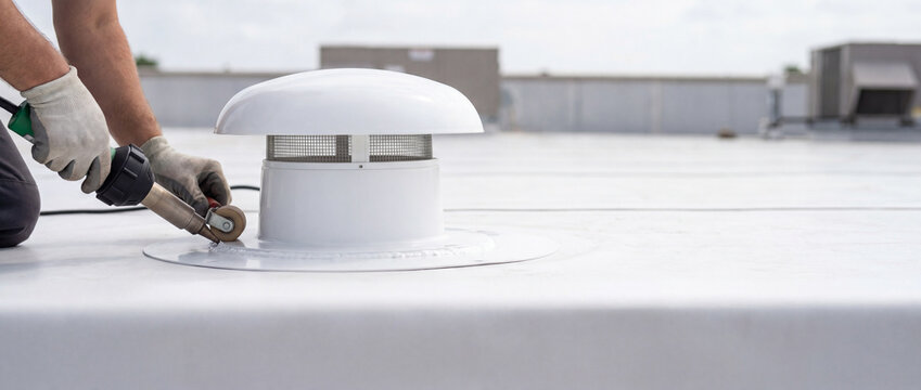 Roofer heat-welding vent flashing on white flat commercial roof during repair and maintenance