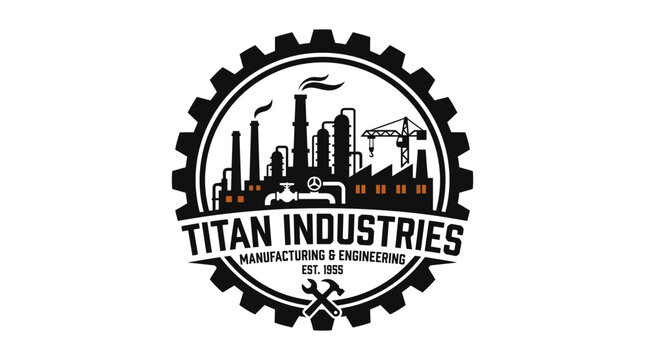 Industrial factory and power plant icon inside a cog wheel symbolizing industry and manufacturing