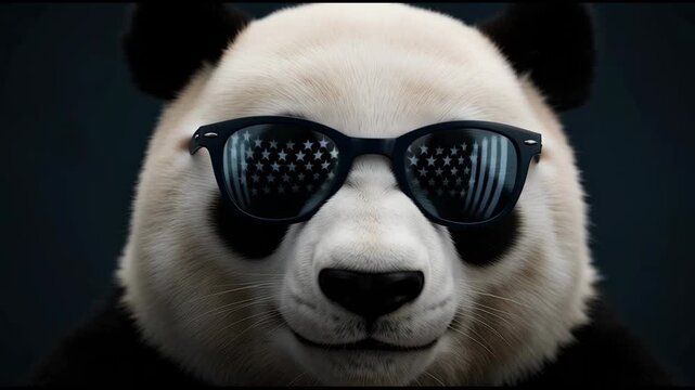 Close-up of a stylish panda wearing sunglasses reflecting the American flag, looking cool