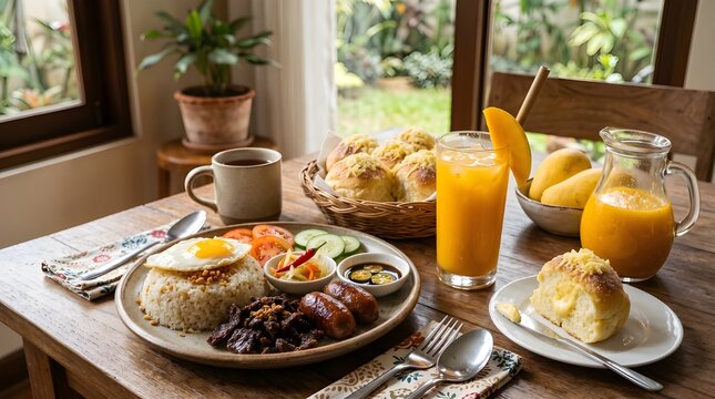 Hearty Filipino breakfast spread on a wooden table featuring garlic rice topped with a fried egg, marinated beef tapa, pandesal rolls, fresh mango juice and coffee in warm morning light.