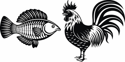 Fototapeta premium Rooster And Fish Illustration Black And White Graphic Design