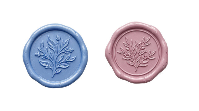 Two wax seals in light blue and dusty pink with embossed leaf motif design embossed stationery invitation decorative ornament correspondence artistic crafting handmade