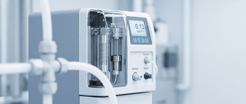 Water quality analyzer featuring precision sampling ports for medical, pharmaceutical and research testing. Clean, sterile equipment designed for accurate TOC and purity measurement.