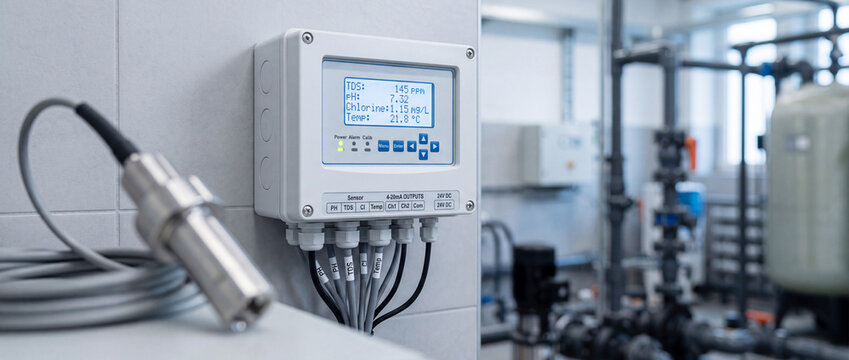 Wall-mounted digital water quality monitor with sensor probe and labeled cables in an industrial treatment plant. Close-up of pH, TDS and chlorine readings