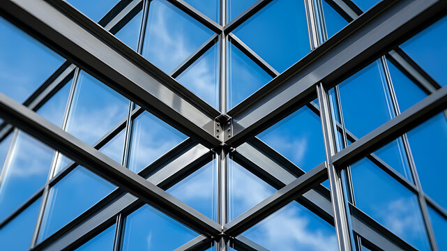 Modern Architecture Steel Beam Construction Frame with Glass Windows and Blue Sky Reflection
