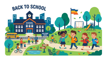Fototapeta premium Back to School: Diverse Students, School Bus, Building, Playground, Nature