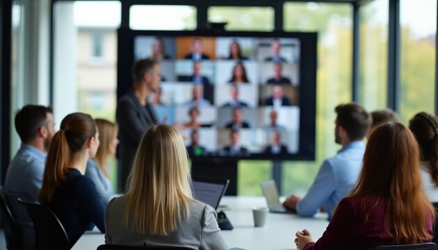 People attend business meeting in office room. Colleagues watch presentation on big screen with remote online participants. Teamwork collaboration and hybrid work environment.