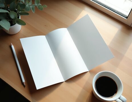 Open blank tri fold brochure on wooden table with coffee cup pencil and plant. White empty pages ready for design. Office desk workspace mock up.