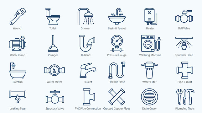 Plumbing tools and equipment icons set.