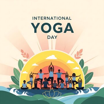 International yoga day illustration with diverse people practicing yoga on a serene landscape with a sunset background