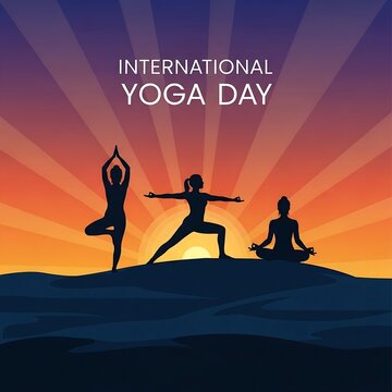 International yoga day celebration with people practicing yoga poses at sunrise, promoting wellness and mindfulness in a serene natural setting