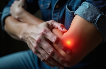 Obraz premium Person massages elbow joint with red inflamed area. Experiencing pain and discomfort due to muscle strain or injury. Seeking relief from joint ache.