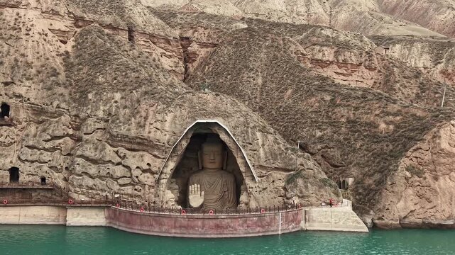 Aerial View of Tiantishan Grottoes and Buddha Statue in Wuwei, Gansu, China