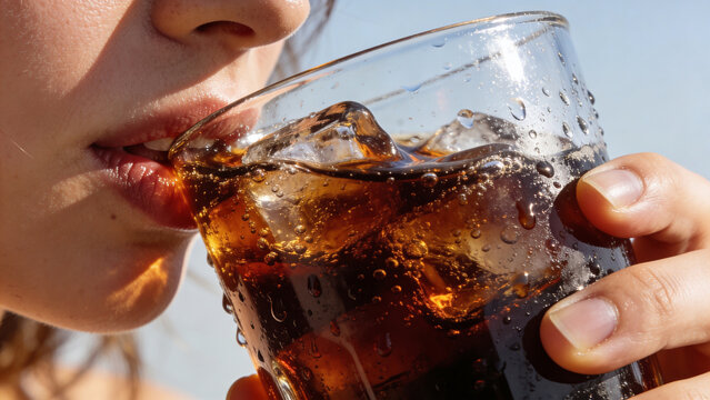 Close-up of a big glass of refreshing cold cola with ice cubes in the hand of a young woman drinking it