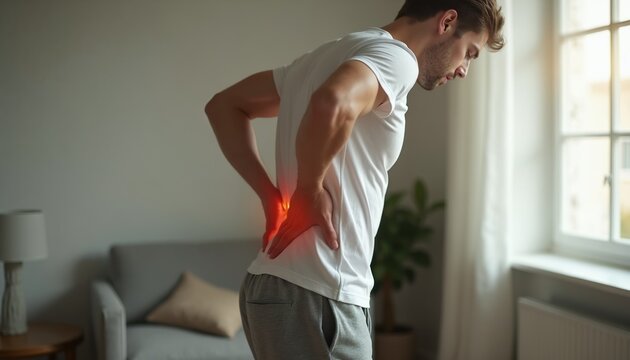 Man feels strong pain in his lower back. He holds his aching back with his hands. This discomfort may stem from poor posture or physical strain.