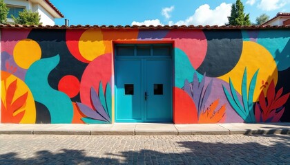 Vibrant mural covers wall with abstract shapes and plants. Blue doors are centered on facade. Sunny day casts shadows on cobblestone street.