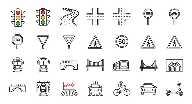 Traffic road signs and symbols icons.