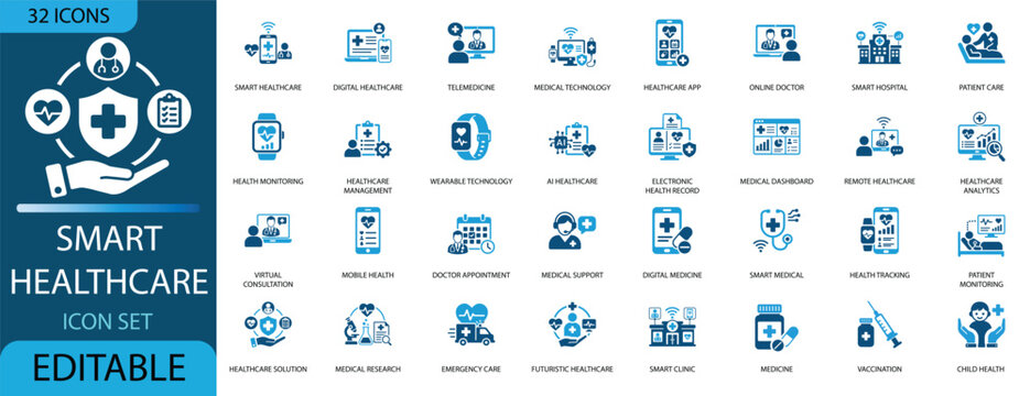 Smart healthcare and digital medicine icon set. Creative editable vector icons for telemedicine, AI health tracking, and remote patient monitoring.