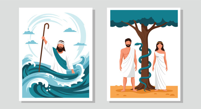 Religious bible stories illustration featuring Moses parting the sea and Adam and Eve in the Garden of Eden.