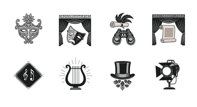 Collection of black and white theater icons including dramatic masks, stage curtains, and theatrical lighting.
