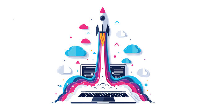 Creative concept of a colorful rocket launching from a laptop screen with clouds and abstract shapes for startup success.