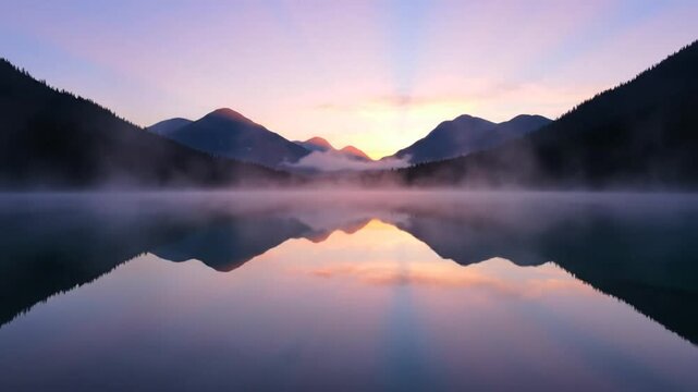 Tranquil lake and mountain landscape at sunrise, serene nature scenic reflection with fog