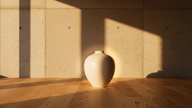 Minimalist interior with a white vase illuminated by the sunlight streaming through a window during golden hour.