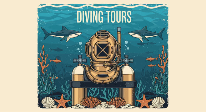 Vintage style diving tours poster with a retro deep-sea diving helmet, oxygen tanks, sharks, and vibrant coral reefs.