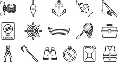 Fishing and nautical outline icons set with marine equipment and sea adventure line symbols © Open Expression