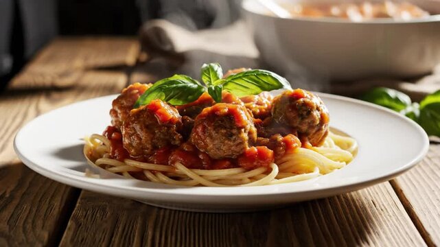 Delicious steaming spaghetti and meatballs with basil and a rustic wooden table setting