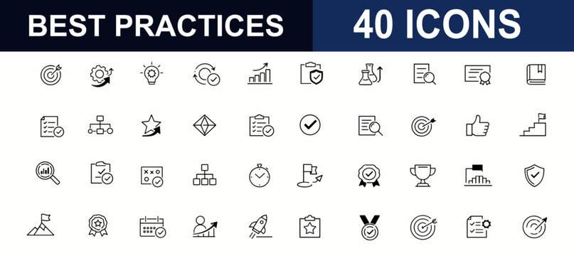 Best practices web icons in line style. Checklist workflow strategy standards certificate approval badge quality improvement management system. Editable stroke. Vector illustration.