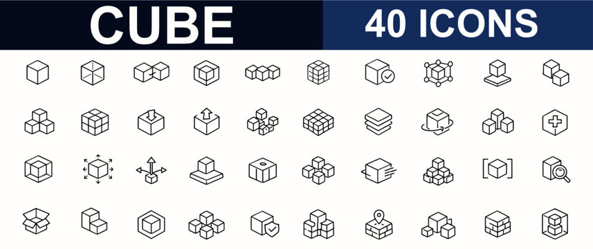 Cube web icons in line style, geometric isometric shape symbols. Modular block, abstract structure, polygon form, architecture model, container sign. Editable stroke. Vector illustration.