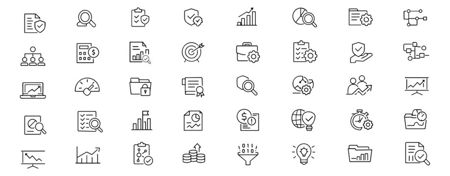 Business audit web icons in line style. Finance control, compliance review, risk analysis, accounting process, checklist, chart, reporting dashboard. Editable stroke. Vector illustration.