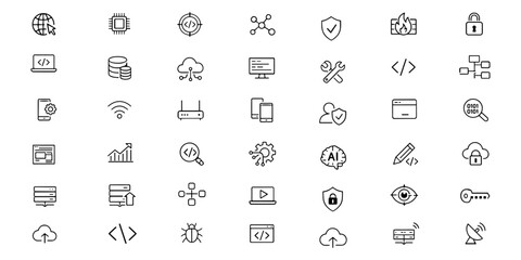 Online computing web icons in line style. Server dashboard, programming, software interface, hardware device, cloud database, security shield. Editable stroke. Vector illustration. © Senoara Studio