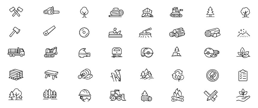 Lumberjack web icons in line style. Timber harvesting, chainsaw cutting, forestry tools, axe equipment, sawdust woodwork, logging symbols. Editable stroke. Vector illustration.