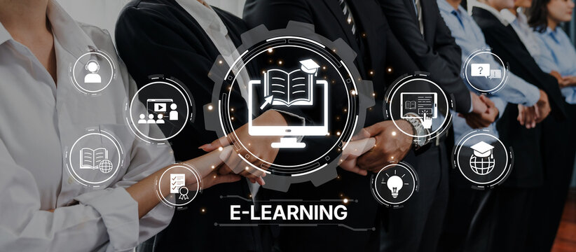 Professionals in a collaborative environment explore e-learning concepts, highlighting digital education and modern approaches to knowledge sharing and skill development. Trope