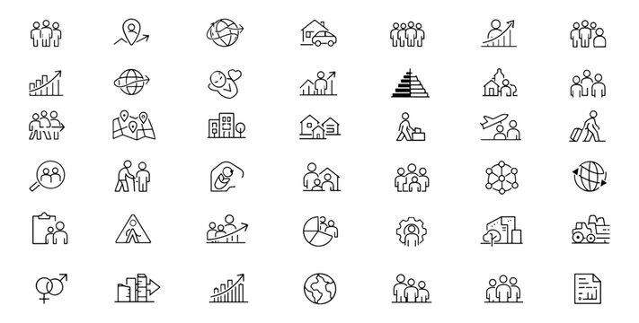 Population migration census web icons in line style. Infographic, urban density, fertility, citizen group, diversity, pyramid, immigration, society. Editable stroke. Vector illustration.