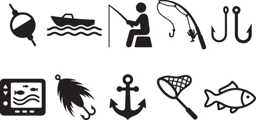 Fishing equipment and outdoor recreation solid silhouette icons set with fisherman and tackle gear symbols © Open Expression
