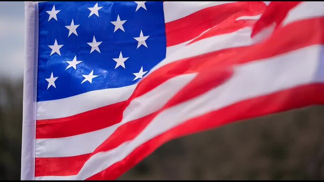 Close-up of a waving American flag with thirteen white stars on a blue field and red and white