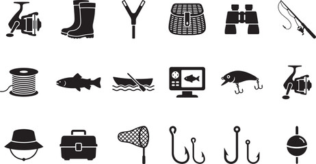 Fishing equipment and outdoor tackle gear solid silhouette icons set © Open Expression
