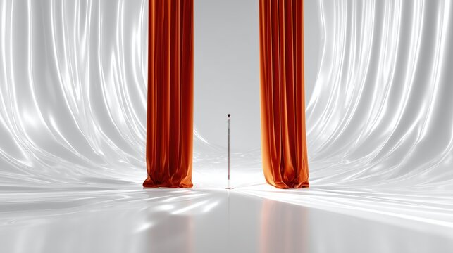Empty stage awaiting a performance with red drapes parting on a shimmering white background, a single microphone standing ready for a monologue or speech