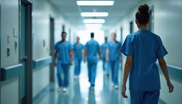 Medical team walks down hospital corridor. Faceless doctors in blue scrubs move through hallway. Healthcare staff faces staffing shortages. Work challenges in medicine.