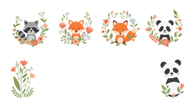 Collection of cute forest animals like fox panda and raccoon framed by beautiful floral wreaths and botanical elements for nursery.