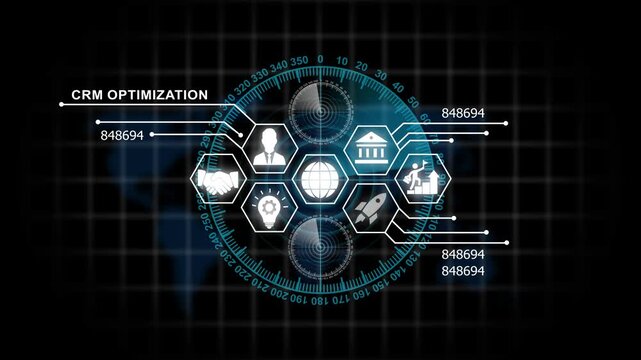 Advanced crm optimization digital interface featuring animated business and global data analytics network connectivity for corporate strategy and modern marketing