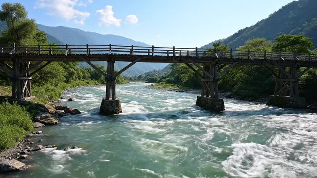 Scenic Wooden Footbridge Spanning a Rushing River Under a Clear Blue Sky in a Mountain Valley