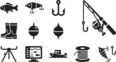 Fishing equipment and tackle gear solid silhouette icons set © Open Expression