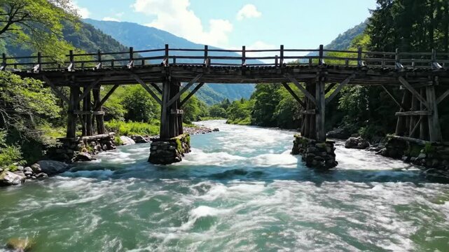 Scenic Wooden Bridge Spanning a Raging River in a Lush Mountain Landscape on a Bright Sunny Day